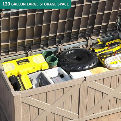 YITAHOME 120 Gallon Large Deck Box, Upgraded Resin Outdoor Storage Boxes w/Flexible Divider, Waterproof Cushion Storage Bench for Patio Furniture, Pool Supplies, Garden Tools - Lockable, Taupe