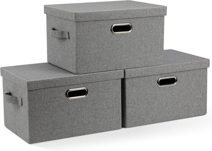 Medium 15" 21 Quart Collapsible Stackable Storage Bins with Lids, 3 Packs Grey Foldable Fabric Closet Boxes Heavy-duty Linen Cube Baskets Container for Bedroom Office (15 x 11 x 8)