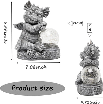 Garden Dragon Figurine Solar Powered Outdoor Cute Dragon with Hold Glowing Glass Ball Resin Sculpture for Porch Patio Lawn Farm Yard Home Decoration Gift for Women Housewarming