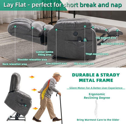 VIVIJASON Large Dual OKIN Motor Lay Flat Sleeper Lift Recliner Chair with Heat & Massage for Elderly, Infinite Position Electric Power Recliner with 2 Remote Controls, Side Pockets & USB Ports, Gray