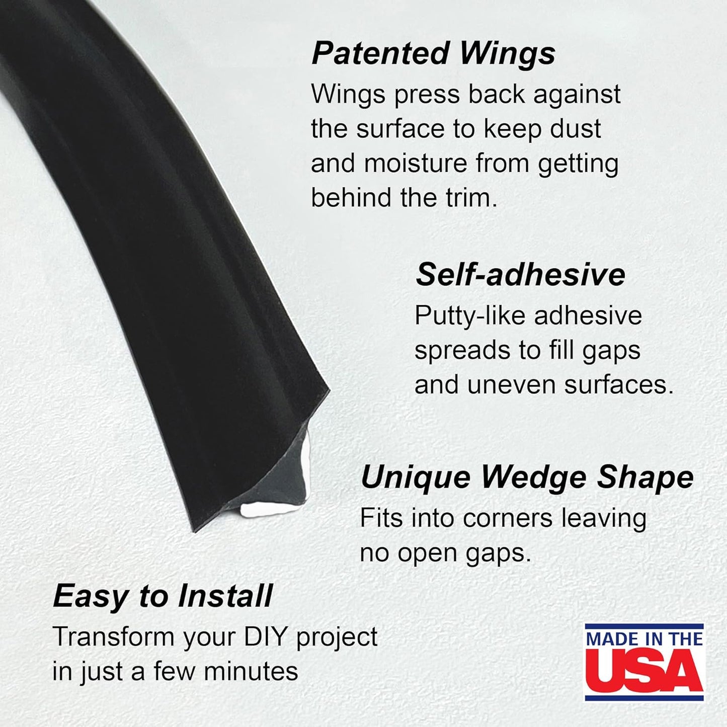 InstaTrim The Original Flexible Trim - 50ft Black 1/2" Wide Caulk Tape - Adhesive Trim with Many Uses Including Caulking for Bathtubs, Sinks, Counters, Tile, Floors - Made in USA