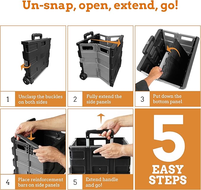 Inspired Living Ultra-Slim Rolling Collapsible Storage Pack-N-Roll Utility-carts, with Telescopic Handle, for Home, Garden, Shopping, Office, School use, Large, Grey & Black