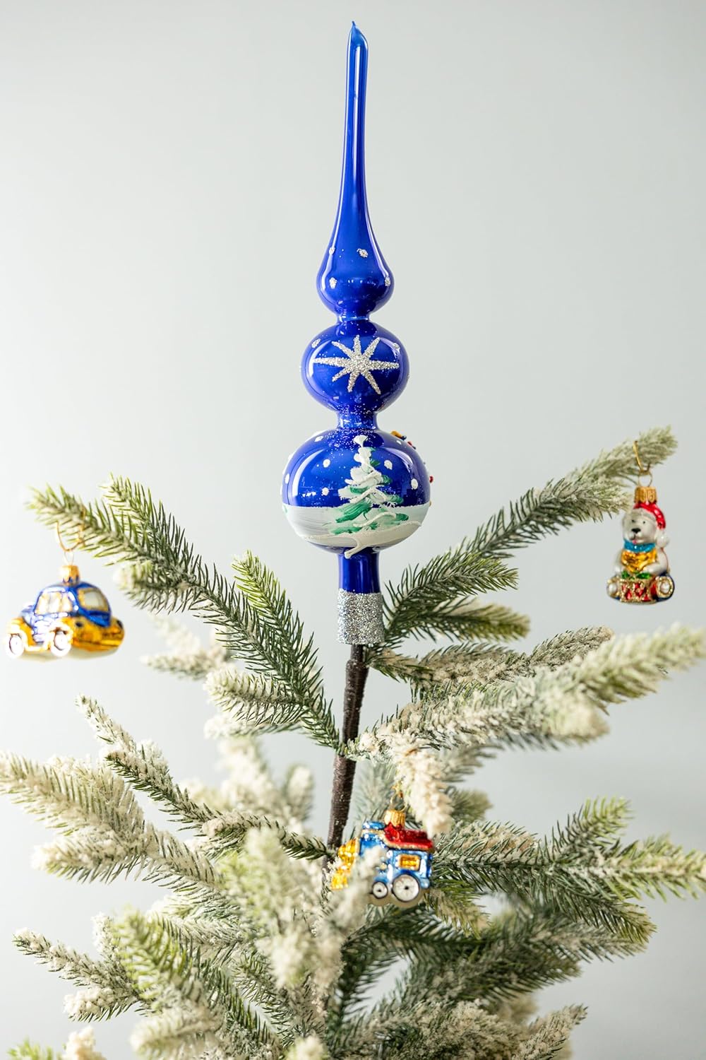 Christmas Tree Topper Spitz Glass Mouth Blown Hand-Decorated Embellishments (Midnight Blue, 12 inch)
