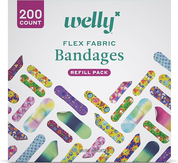 Welly Bandage Refill Ready Pack | FSA Eligible | Adhesive Flexible Fabric Bandages | Bulk Assorted Shapes and Patterns for Minor Cuts, Scrapes, and Wounds - 200 Count