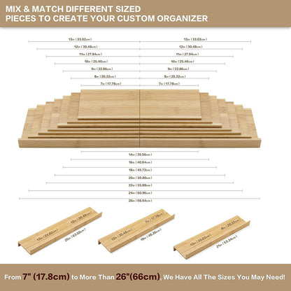 Bamboo Spice Rack Drawer Organizer - 8 Piece Set - 12" Wide, Combine Into 24" Rack (12" or 24")
