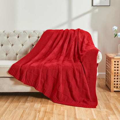 CozeCube Knit Throw Blanket,Christmas Red Checkered Bedroom Blanket for Couch,Soft Cozy Warm Knitted Blanket for Bed Sofa Living Room,Decorative Spring Fall Throw Blanket 60"X80",Christmas Red