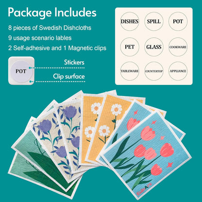 Swedish Dishcloths, 8 Pack Reusable Paper Towels with Clips, Non-Scratch Swedish Dish Towels for Kitchen, Super Absorbent Cellulose Dish Cloths, No Odor Cleaning Rags