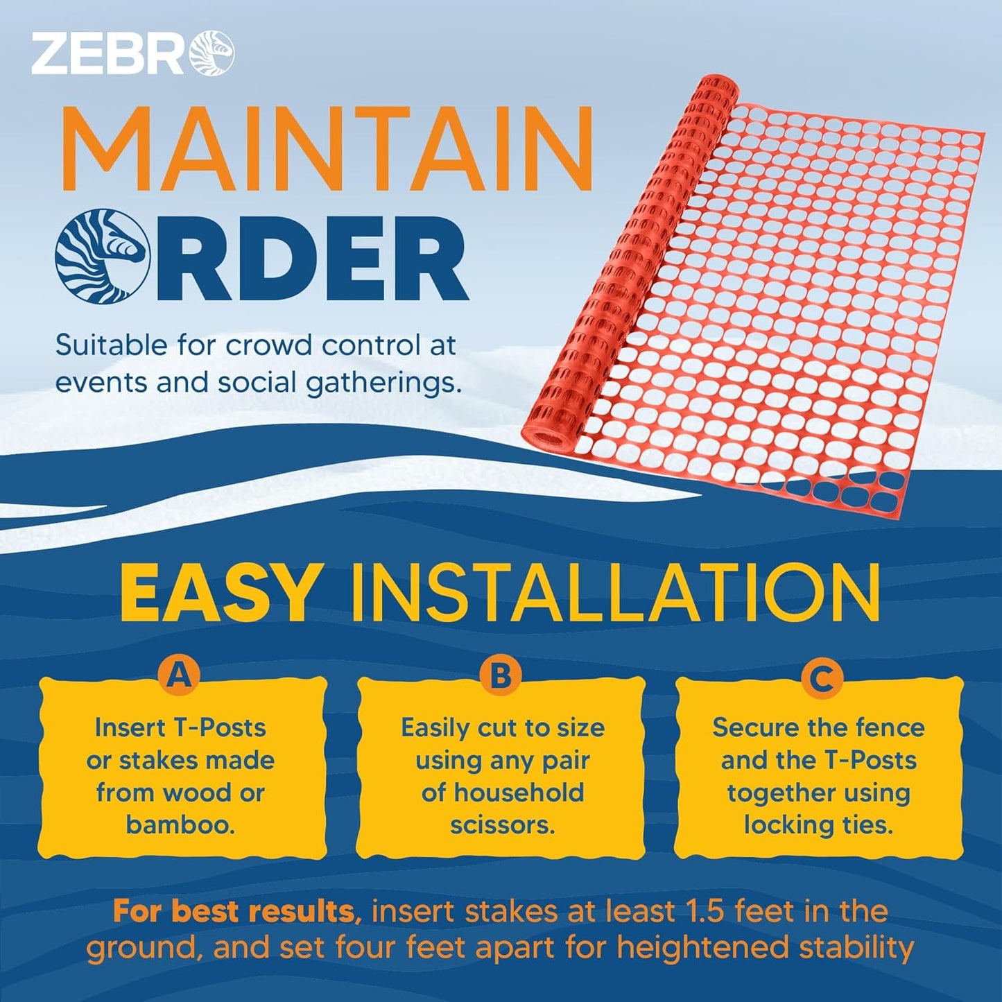 ZEBRO 4' x 50' Orange Plastic Garden Fence Roll – Light Duty Mesh Fencing for Temporary Fence, Snow, Garden Netting, Animal Barrier, Agricultural Fencing & Lawn Protection