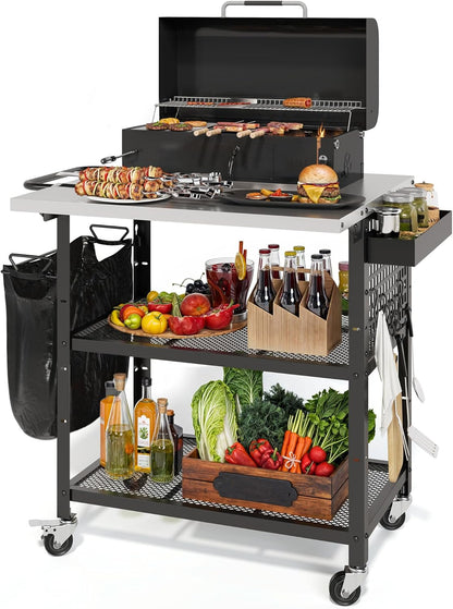 YITAHOME Outdoor Grill Cart Pizza Oven Table with Stainless Steel Top and Drop Leaf, Outdoor Grill Table with Adjustable Three-Tier Shelf and Spice Rack, Movable Bar Table for Patio, Garden, BBQ