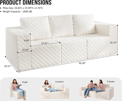 Modular Sectional Sofa 3-Seater Modular Couch with Deep Seat Memory Foam Cloud Chair with Pillows Oversized Sectional Sofa for Living Room Bedroom (Plush White, 3-Seater)