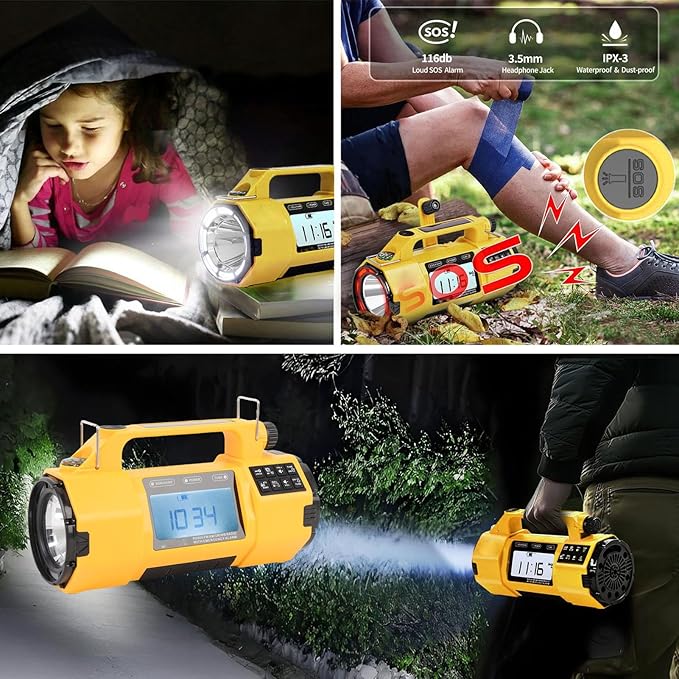 NOAA Weather Alert Radio, Emergency Radio with Flashlight, Phone Charger, IPX3 Water Proof, Multifunctional Emergency Kit for Camping Hiking Home Safety