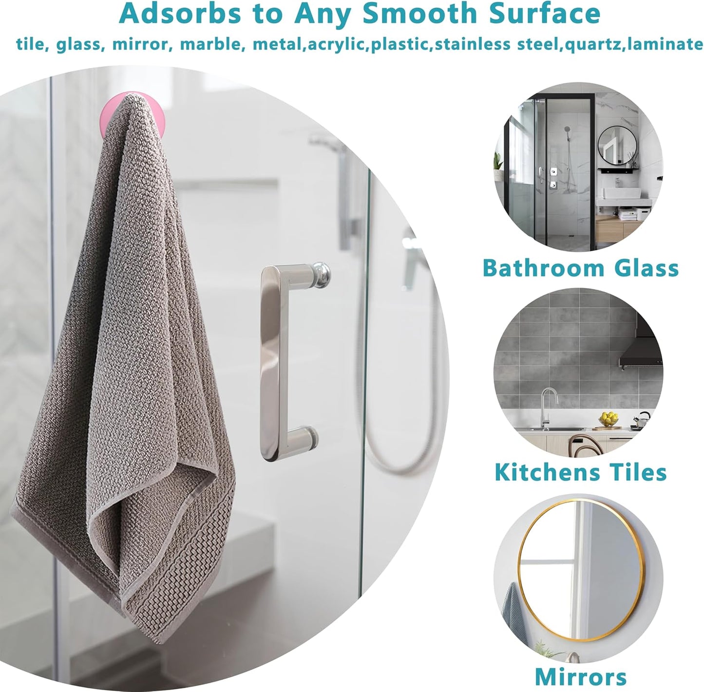 Suction Cup Hooks for Shower,Removable No Drill Towel Hooks,Upgraded 15 lbs Strong Suction hooks for Bathroom Tile,Shower Wall,Glass Door,Kitchen-Loofah,Coat,Stainless Waterproof-Pink White 4 Pcs