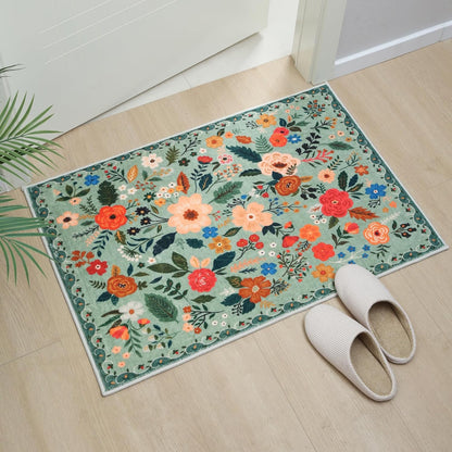 Door Mat Indoor Entrance 2x3 Rug Machine Washable Boho Floral Small Area Rug Non-Slip Low Pile Throw Rugs for Entryway, Kitchen, Front Door Indoor Entrance, Entry, Kids Room (Green)