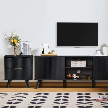 Fluted Nightstand Set of 2, Mid Century Modern 2 Drawer Dresser for Bedroom, Small Dresser Night Stand Side Table End Table with Wood Fluted Drawer Storage for Bedroom Closet(Black)