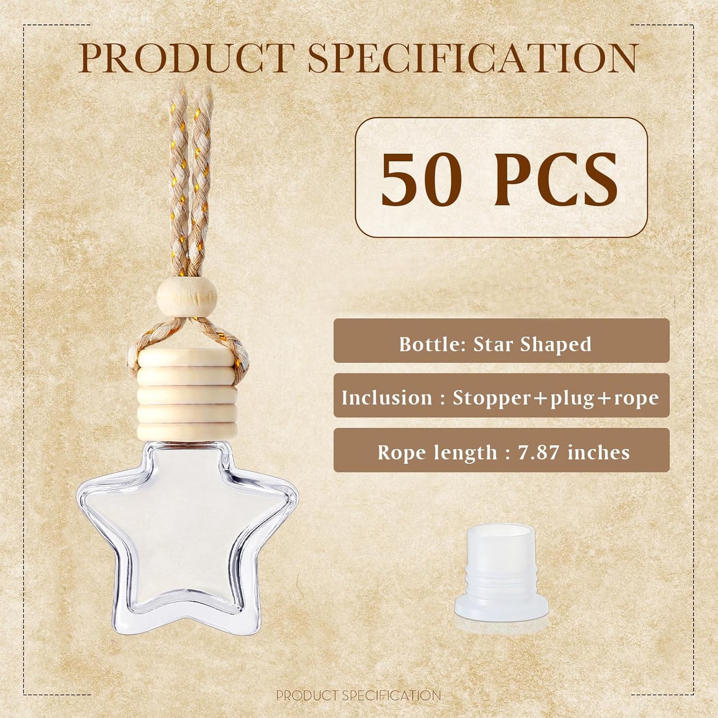 BBTO 50 Pcs Hanging Car Air Freshener Car Diffuser Bottles Empty Glass Perfume Bottle Freshener Diffuser Bottle Pendant for Essential Oil Fragrance Aromatherapy Bottle Ornament(Star)