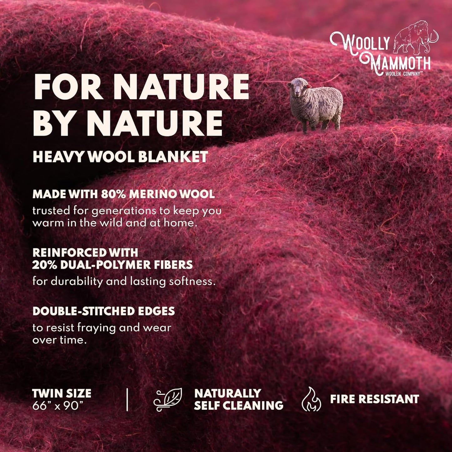 Woolly Mammoth Woolen Company Outdoor Merino Wool Throw Blanket - 66" x 90" Large Burgundy - Camping Essentials Bedroll & Emergency Survival Gear - Heavyweight Thermal & Breathable