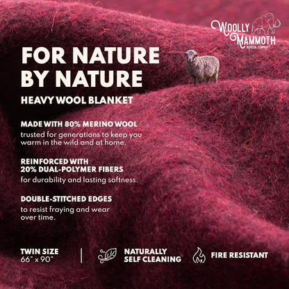 Woolly Mammoth Woolen Company Outdoor Merino Wool Throw Blanket - 66" x 90" Large Burgundy - Camping Essentials Bedroll & Emergency Survival Gear - Heavyweight Thermal & Breathable
