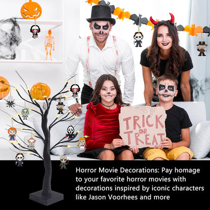 Black Halloween Tree with LED Lights and Spooky Wooden Hanging Ornaments Horror Movie Ornaments, Light Up Halloween Decor
