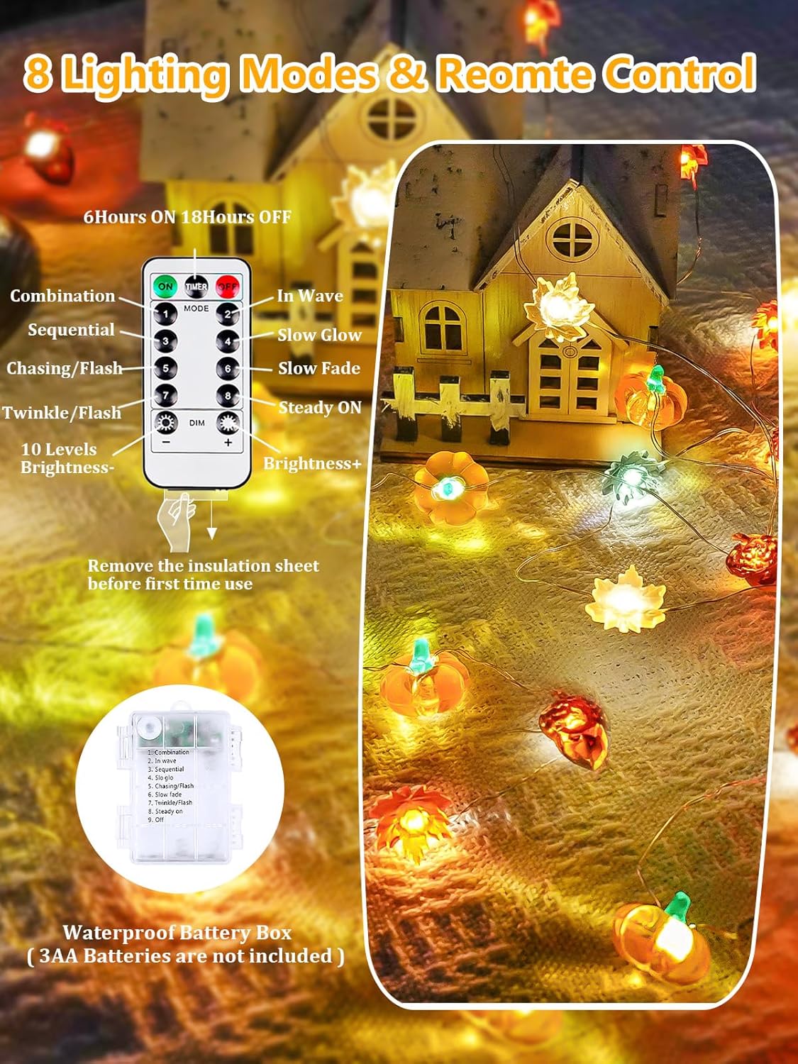 Fall Decorations 3D Pumpkin Acorn Maple Leaf Fairy Lights Battery Operated with Remote, 10FT 30 LED String Lights Outdoor & Indoor, Waterproof 8 Modes for Garland Harvest Thanksgiving Halloween Decor