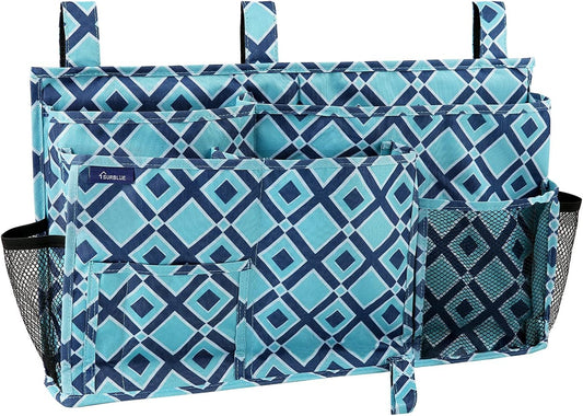 Surblue Bedside Caddy Hanging Bed Organizer Storage Bag Pocket for Bunk and Hospital Beds, College Dorm Rooms Baby Bed Rails, Camp 8 Pockets, (Large, Blue Plaid)