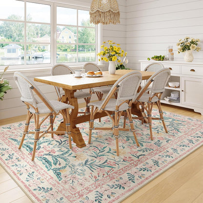 Wonnitar Washable Area Rug 6x9, Pink Floral Rugs for Bedroom Girls Soft Living Room Carpet Ultra-Thin, Boho Non Slip Non-Shedding Pastel Nursery Carpet for Kids Room Playroom Dorm