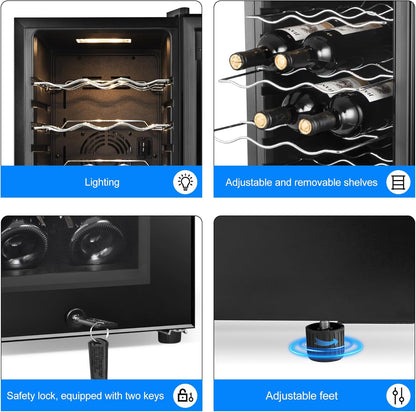 Wine Cooler Refrigerator 18 Bottles, Small Wine Fridge Mini Wine Fridge Countertop with Glass Door Wine Cellars for Red Wine, Champagne, Dry White Wine, Sparkling Wines