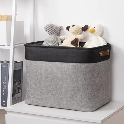 DULLEMELO Large Collapsible Storage Basket/Bin with Sturdy Leather Handles, Fabric Organizer Bin for Storage Clothes, Toys, Books, Office, Bedroom, Closet, Nursery & Laundry (Black&Gray)