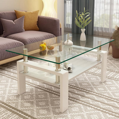 Glass Coffee Table Rectangle Living Room Center Table, with Transparent Tempered Glass Tabletop and White MDF Layer,for Living Room and Office, Transparent +White