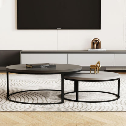 Modern Round Coffee Table Set, Nesting Cocktail Tables with Black Metal Legs, Dark Gray/Light Gray, Easy Assembly, 31.5/23.7 Inches, Perfect for Living Room, Bedroom, or Lounge