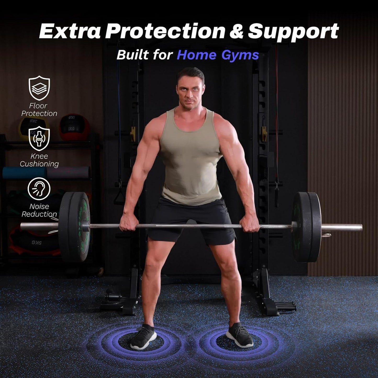 AIRHOP 0.56in Thick 96 Sq Ft Exercise Equipment Mats, 24Tiles Upgraded Rubber Top with High Density EVA Foam, Large Interlocking Puzzle Gym Flooring for Home Gym, Heavy Weight Workout, Black & Blue