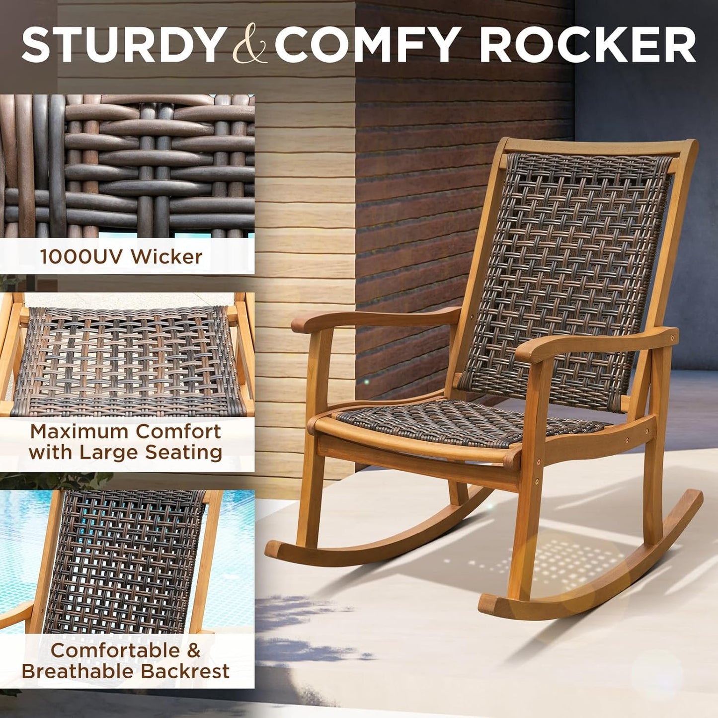 IDZO Wood Wicker Rocking Chair, 400 lbs Capacity, Durable Eucalyptus Wood, Natural Finish, Comfortable Curvy Design, Ideal for Deck, Patio Furniture, and Outdoor Furniture Accent Chair
