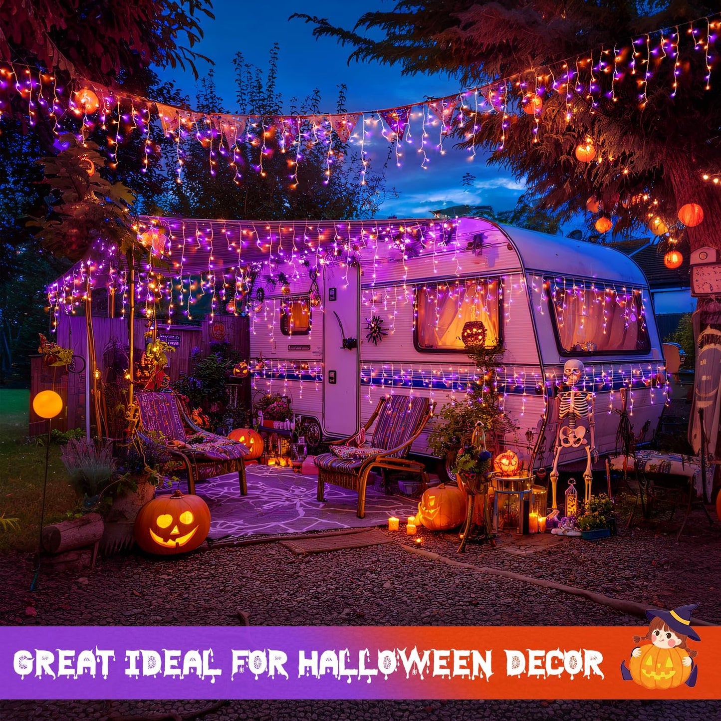 JMEXSUSS 400 LED Orange and Purple Halloween Lights Outdoor, 38.8 FT Orange and Purple Icicle Light Outdoor Waterproof, 8 Modes Halloween Lights Plug in for House Christmas Party Decorations
