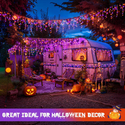 JMEXSUSS 400 LED Orange and Purple Halloween Lights Outdoor, 38.8 FT Orange and Purple Icicle Light Outdoor Waterproof, 8 Modes Halloween Lights Plug in for House Christmas Party Decorations