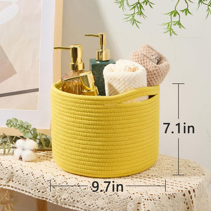 Small Basket for Organizing | Cube Shelf Closet Storage Baskets | 9.7×9.7×7.1” | Woven Rope Gift Basket | Nursery | Round 3 Packs Yellow