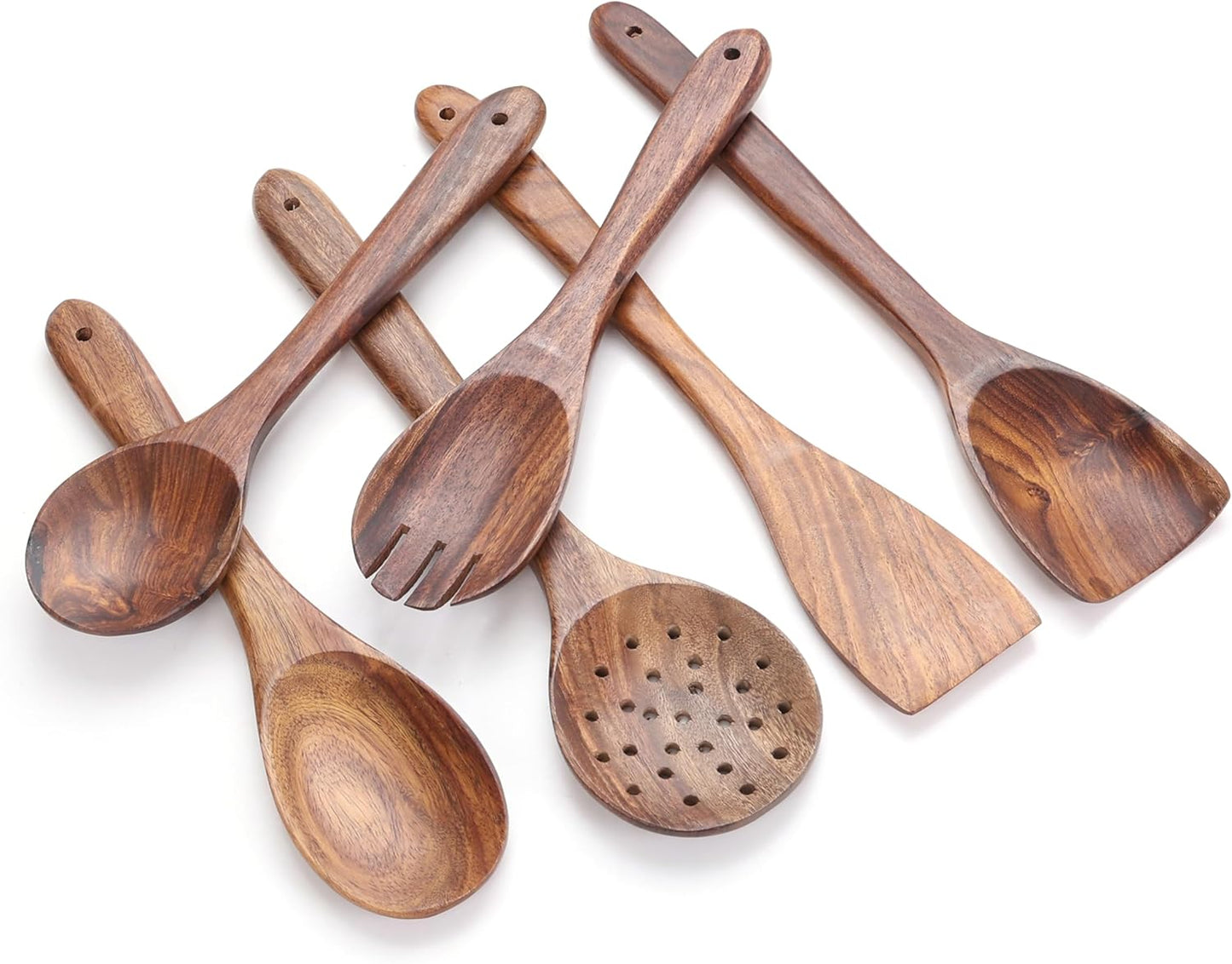 Wooden Spoons for Cooking Utensils Set with Holder, Spoon Rest & Hooks, Teak Wood Nonstick Kitchen Cookware