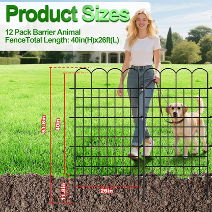12 Panels Tall Garden Fence Animal Barrier with Gate - 40 in H x 26 ft L, Dog Fence Outdoor for Yard, Rustproof Metal Temporary Fences for Dogs Rabbits, No Dig Pet Fences for Garden, Patio, Flower Bed