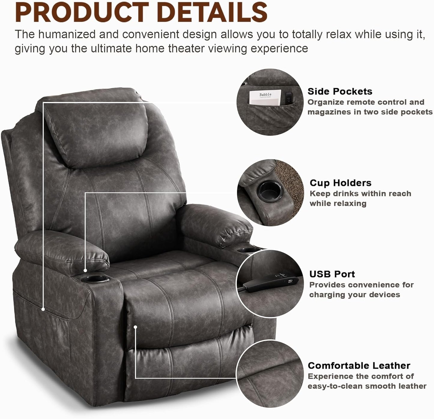 SALOHZA Power Lift Recliner Chair for Elderly with Massage and Heat for Living Room, Electric Recliner Chair for Adults with USB/Type C Port/Cup Holders, PU Faux Leather, Grey