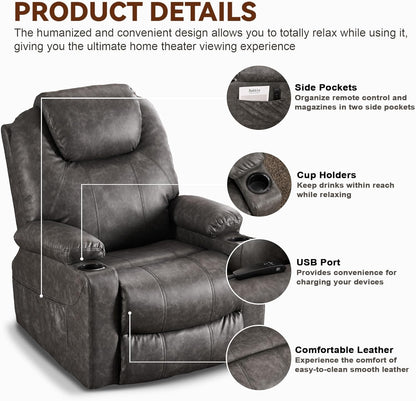 SALOHZA Power Lift Recliner Chair for Elderly with Massage and Heat for Living Room, Electric Recliner Chair for Adults with USB/Type C Port/Cup Holders, PU Faux Leather, Grey
