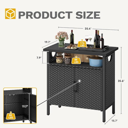 DWVO Patio Storage Cabinet, Outdoor Buffet Cabinet with Two Doors and Shelves, Outdoor Storage Bar Table with PE Rattan for Patio, Backyard, Garden - Black