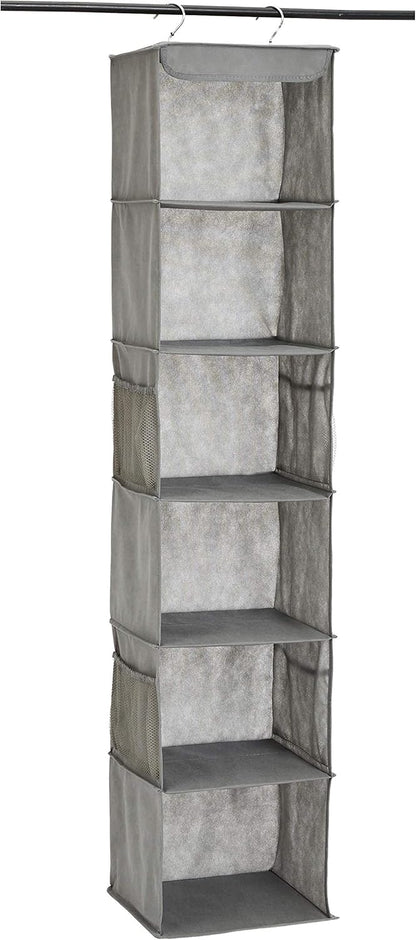 Amazon Basics 6-Tier Hanging Closet Shelf Organizer With Pockets, 8.5" D x 12" W x 9" H, Grey