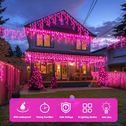 JMEXSUSS 400 LED Pink Christmas Icicle Lights, Connectable Pink Christmas Lights Indoor Outdoor with Remote, Icicle String Light for Room Fireplace Garden Eave Decorations