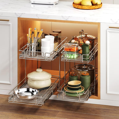 2 Tier Individual Pull Out Cabinet Organizer 11½" W x 21½" D, Heavy Duty Cabinet Pull Out Shelves, Slide Out Drawers Organization for Kitchen Cabinets Bathroom
