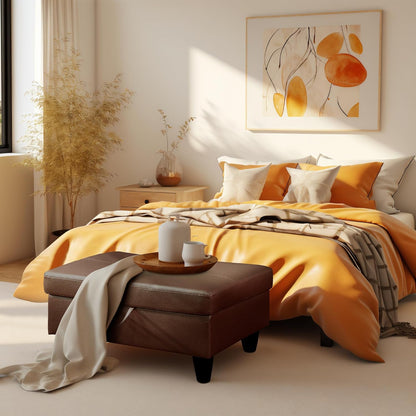 Ottoman Rectangular Storage Ottoman Bench, Faux Leather Footrest, Coffee Table, Stool Footstool with Hinged Lid for Living Room, Bedroom, Entryway, Brown, 28.5"x19"x17.5"