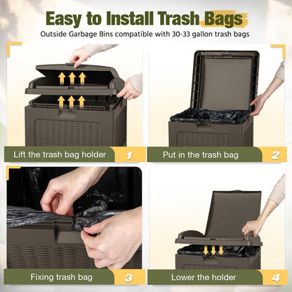 Devoko 33 Gallon Outdoor Trash Can, Hideaway Garbage Bins with Tiered Lid, Waterproof Resin Outside Waste Bins for Patio, Outside Pool, Backyard and Deck(1, Deep Brown)