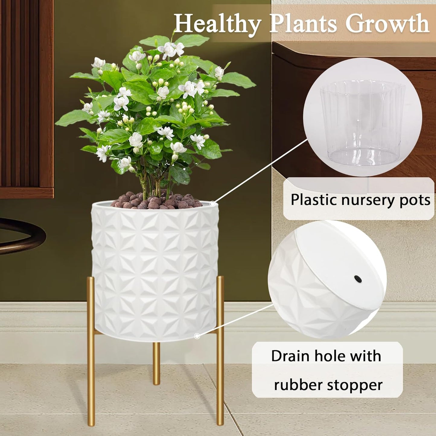 ARNIS Modern Planter Pots, Set of 2 Large Planters with Stand, Decorative Planters, Metal Pots with Drainage Holes for Living Room, Office, Garden or Balcony, 10.5 &12.25 Inch, Matte White
