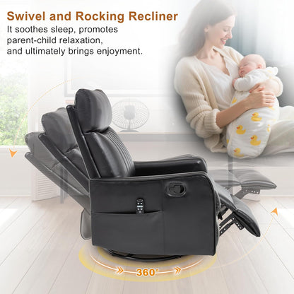 Manual Swivel Rocker Recliner Chair for Adults, Overstuffed Reclining Glider Chair for Nursing with Vibration Massage & Heat, Living Room Rocking Recliner 2-Stage backrest, Faux Leather Black