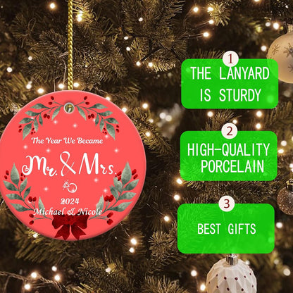 Our First Christmas Engaged Ornament for Couples 2024, Mr & Mrs Ceramic Keepsake Engagement Ornaments for Hanging Decor