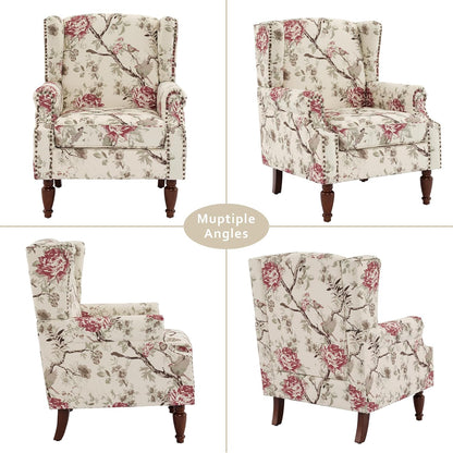 Lumibee Wingback Accent Chair, 2 Set High Back Floral Armchairs in Fabric,Comfy Upholstered Reading Single Sofa Chairs with Solid Wood Legs for Living Room,Bedroom,Office-Floral Beige