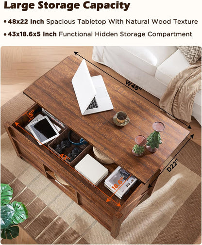 OKD 48" Farmhouse Lift Top Coffee Table with Sliding Barn Door,Rustic Center Table with Hidden Storage Compartment,Lifting Tabletop and Adjustable Shelf for Living Room,Office,Reclaimed Barnwood