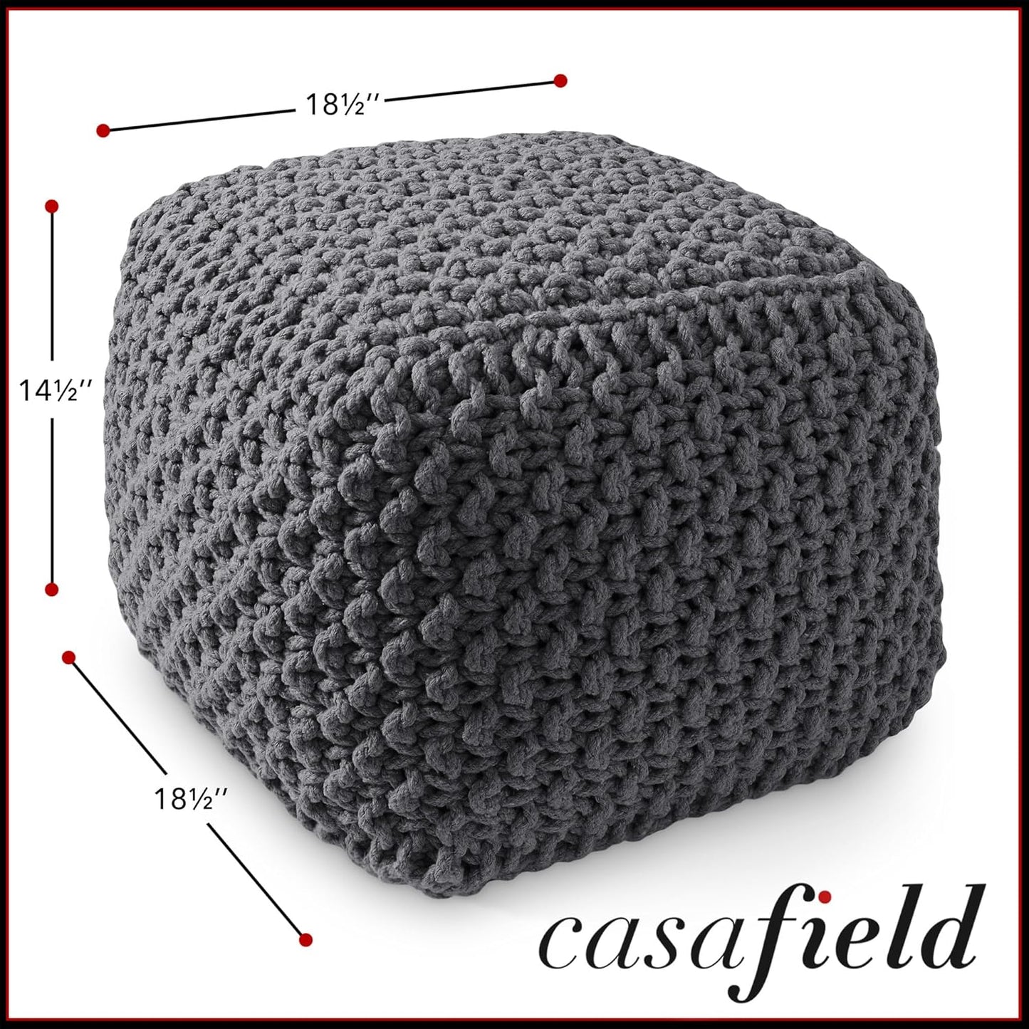Casafield Square Pouf Ottoman, Dark Gray 18.5" W x 18.5" D x 14.5" H Cotton Knit Foot Stool - Boho Floor Pouffe for Living Room, Bedroom, Home Office